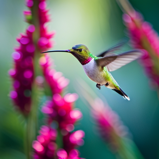 An image capturing the ethereal beauty of hummingbirds, their shimmering feathers glistening under the dappled sunlight as they hover mid-air, seemingly whispering secrets through their delicate, curved beaks