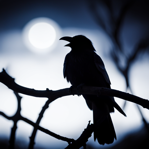 An image of a solitary crow perched on a gnarled, ancient tree branch, its jet-black feathers shimmering under the moonlit sky