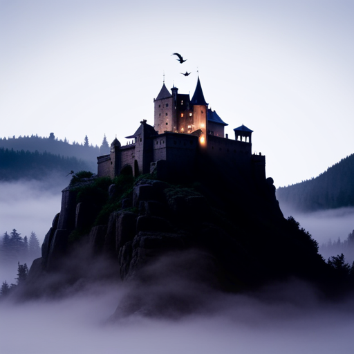 An image showcasing a medieval castle perched on a hill, shrouded in mist, with a murder of crows spiraling above