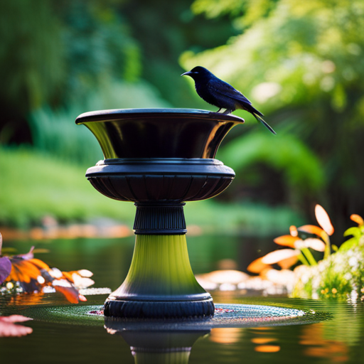 An image showcasing a crow-friendly bird bath with a large, shallow basin and textured perches