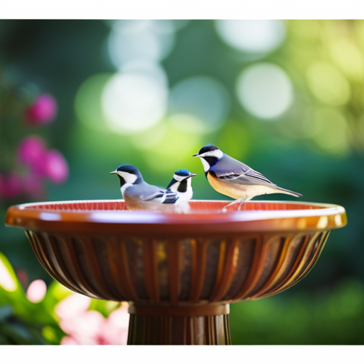 An image showcasing a spacious, shallow bird bath nestled amidst a lush garden, with rough textures for grip, shaded areas for comfort, and a nearby birdbath heater for year-round use