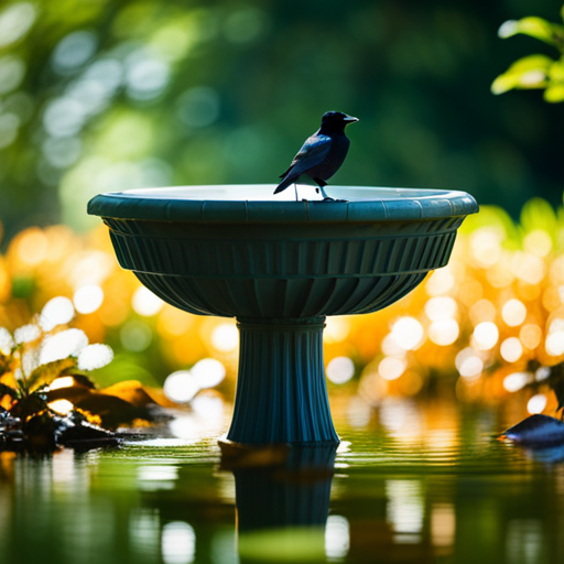  an image showcasing a sturdy, deep bird bath with a gently sloping ramp leading to the water, surrounded by leafy trees and scattered shiny objects to attract clever crows