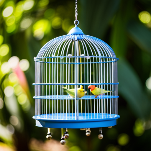 An image showcasing a spacious, sturdy wrought iron flight cage adorned with multiple perches, swing toys, and feeding stations