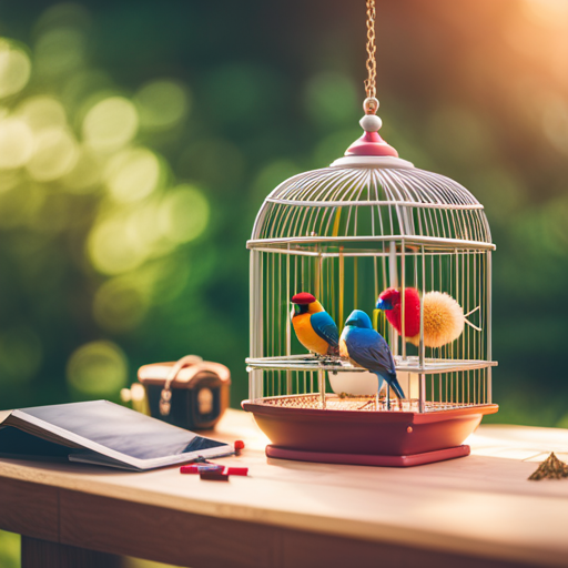An image showcasing a spacious medium-sized bird cage with multiple perches, a swing, and colorful toys, providing a comfortable and stimulating environment for small birds