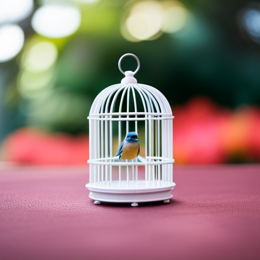 An image showcasing a compact, sturdy travel bird cage with a secure latch and a comfortable perch