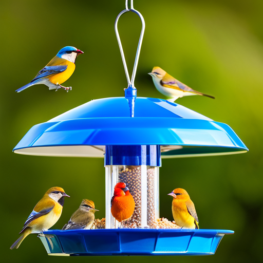 An image showcasing the Perky-Pet Mealworm Bird Feeder, Blue, filled with plump mealworms, attracting a vibrant array of birds
