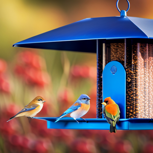 An image showcasing the Erva Bluebird Feeder in action: a sturdy, powder-coated metal feeder with multiple perches, a spacious tray filled with mealworms, and a vibrant bluebird happily feasting, surrounded by a variety of colorful birds eagerly awaiting their turn