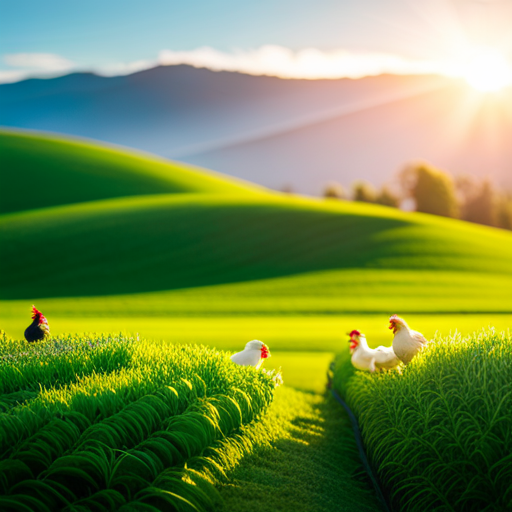 An image showcasing a lush, green field with happy chickens comfortably nestled on soft, biodegradable hemp bedding