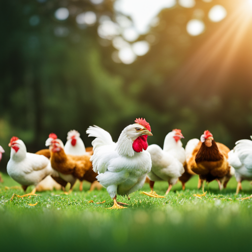 An image showcasing a picturesque farm scene with happy, healthy chickens roaming freely on a bed of premium hemp bedding