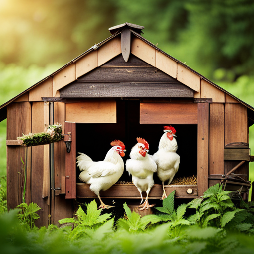 An image showcasing a cozy chicken coop with chickens happily perched on a thick layer of hemp bedding