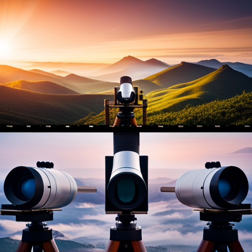 An image showcasing eight different telescopes arranged in a grid pattern against a backdrop of a picturesque landscape