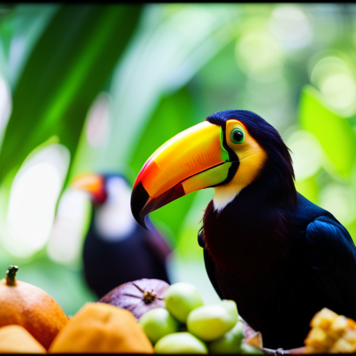 An image showcasing a vibrant tropical forest scene, with toucan birds perched on branches, indulging in a feast of luscious and exotic fruits like papaya, mango, kiwi, and passion fruit