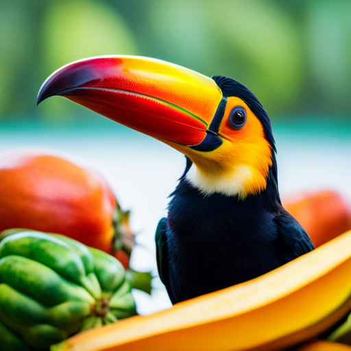 An image that showcases a vibrant tropical scene with a toucan perched on a branch, surrounded by a variety of colorful fruits like papayas, passion fruits, and bananas, emphasizing the crucial role of fruits in their diet