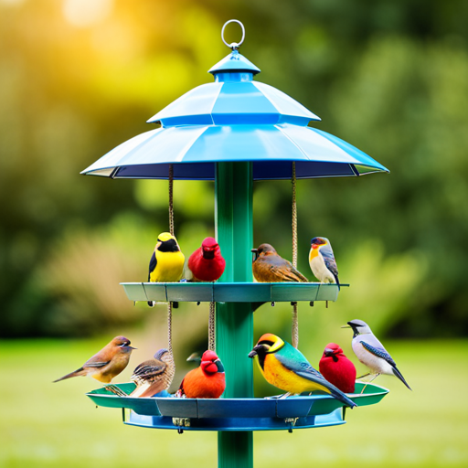 An image capturing the essence of the Ashman Deluxe Bird Feeding Station: a sturdy, weather-resistant metal structure adorned with multiple feeders and water trays, surrounded by a diverse array of colorful birds happily perched and feasting