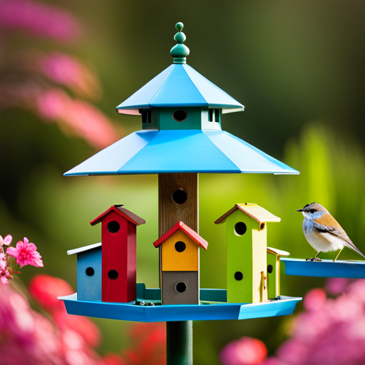 An image showcasing a sturdy bird feeding station adorned with vibrant birdhouses and feeders, attracting a variety of colorful birds in a lush garden setting
