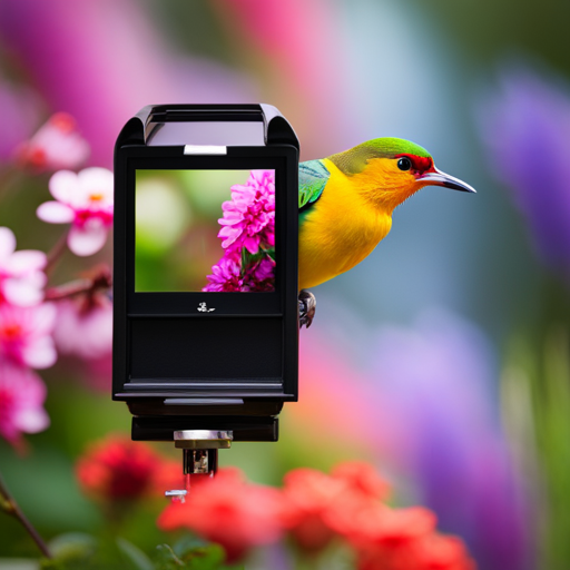 An image showcasing a bird cam mounted on a sturdy tree branch, overlooking a vibrant garden filled with blooming flowers