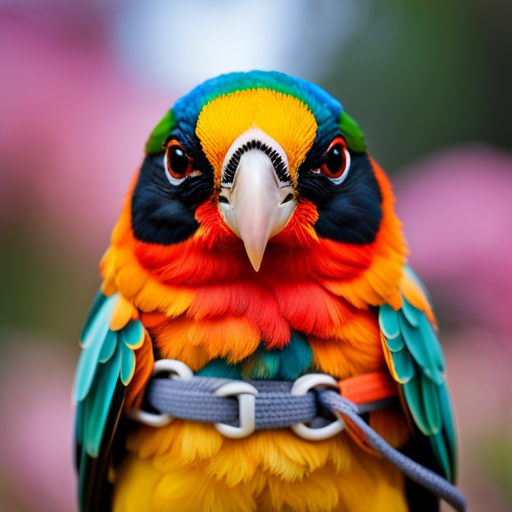 An image showcasing a variety of bird harnesses and leashes, with vibrant colors and intricate designs