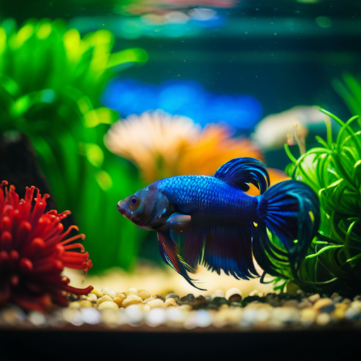 An image showcasing a vibrant, tranquil aquarium environment with lush greenery, delicate rocks, and a small, exquisite Betta fish gracefully swimming amidst colorful plants