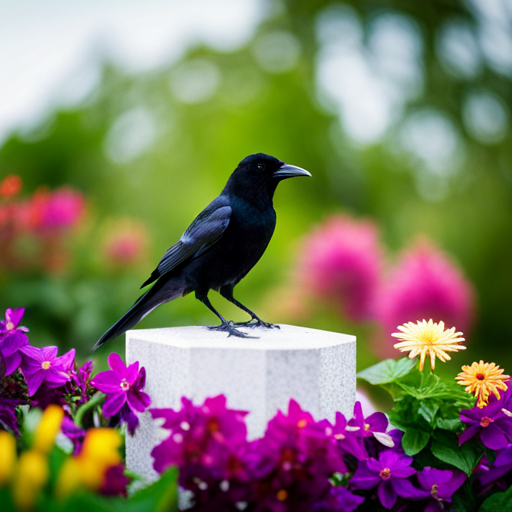An image that portrays the cultural significance of dead birds, capturing diverse symbols such as a black crow atop a tombstone, a phoenix rising from ashes, and a hummingbird surrounded by vibrant flowers