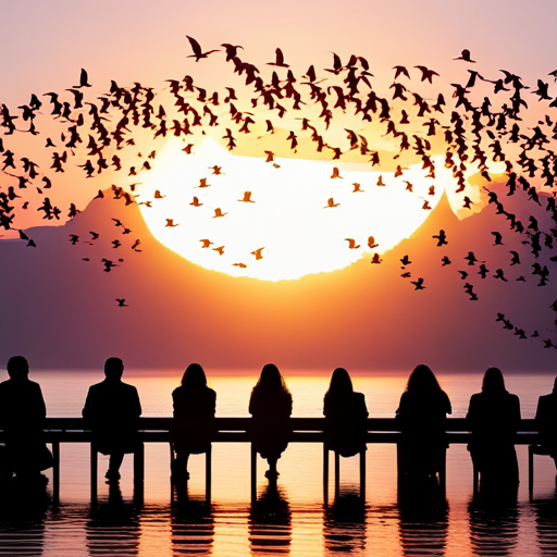 An image capturing the essence of "Understanding the Mysteries of Dead Birds" by showcasing a mesmerizing silhouette of a flock of birds in flight against a vibrant sunset backdrop, inviting readers to "Contact Dale Garrett for More Information