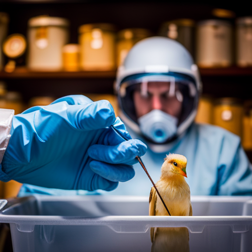 An image that depicts a gloved hand gently placing a deceased bird into a lined, sealed container, highlighting the importance of wearing protective gear and proper disposal methods for safeguarding against potential health risks