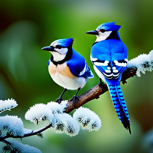 An image capturing the enigmatic allure of blue jays, portraying their vibrant blue plumage contrasting with lush green foliage, as they perch on a branch, their piercing gaze hinting at the profound symbolic significance they hold in the natural world