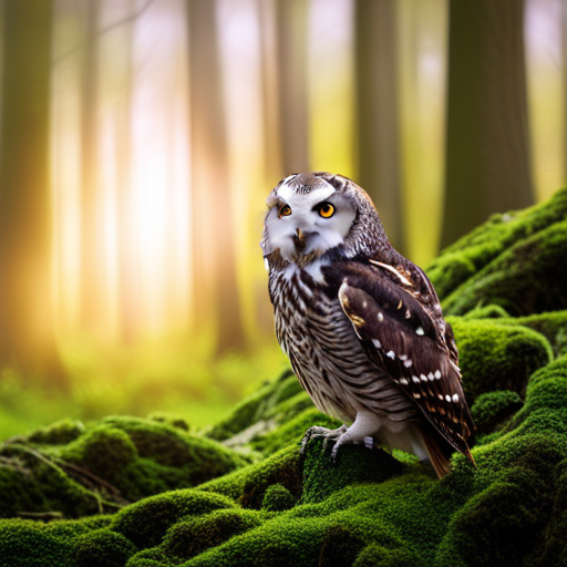 An image showcasing a moonlit forest, where a majestic owl perched on a moss-covered branch emits a hauntingly beautiful hoot