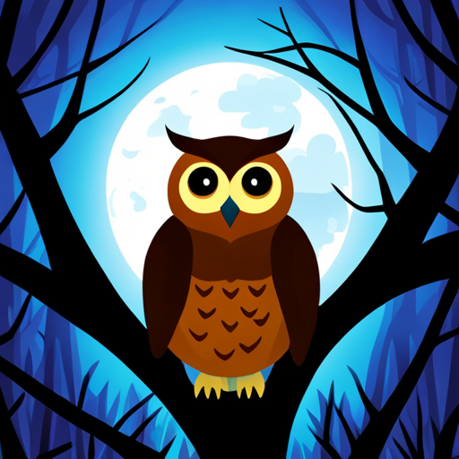 An image showcasing a moonlit forest scene, with a silhouette of an owl perched on a branch, its beak open wide as it emits a mesmerizing hoot