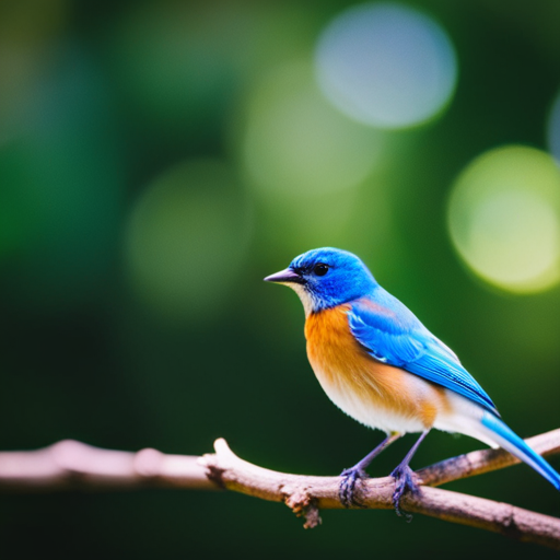 An image showcasing a vibrant forest scene, with a small blue bird perched on a delicate branch