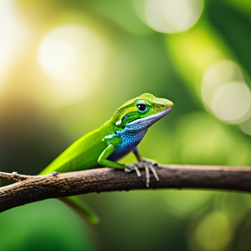 An image showcasing a vivacious green anole lizard perched on a branch, its mesmerizing emerald scales shimmering under the dappled sunlight, while its eyes, filled with curiosity, captivate the viewer's imagination