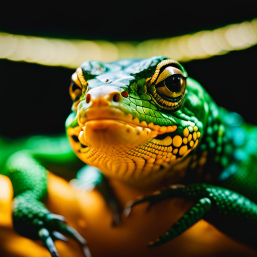 An image showcasing a mesmerizing collection of rare and exotic reptiles, their vibrant scales glistening under warm terrarium lights, evoking a sense of wonder and the irresistible allure of owning these captivating creatures
