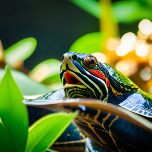  an enchanting moment: a close-up of a vibrant red-eared slider turtle, its glossy shell reflecting sunlight, gracefully gliding through crystal-clear water, surrounded by lush aquatic plants, evoking the allure of these captivating creatures