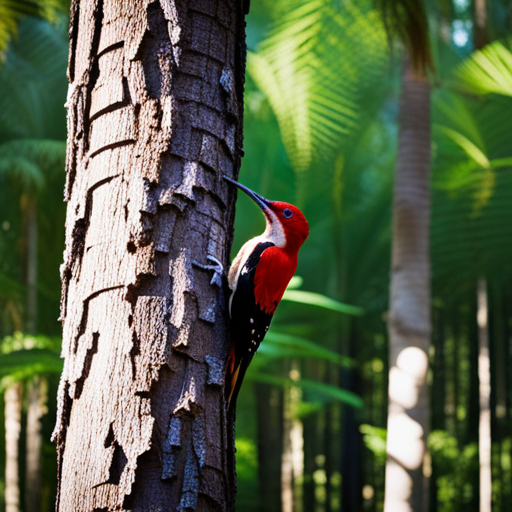 An image showcasing the lush Florida forest, with a vibrant mosaic of woodpeckers in various sizes and colors