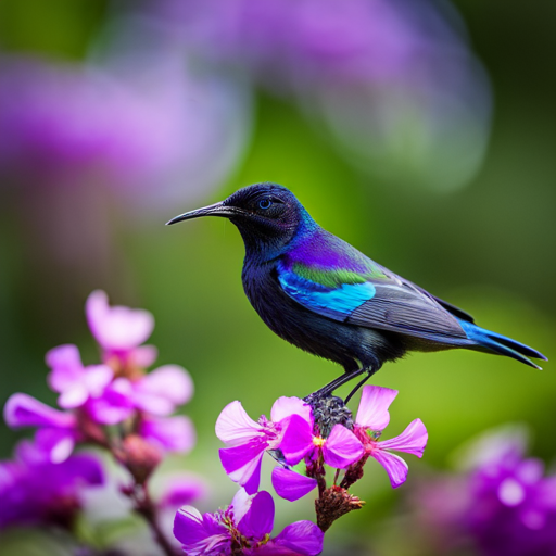 An image capturing the enchanting beauty of the Purple Sunbird, showcasing its vibrant plumage adorned with striking hues of purple, contrasting against lush green foliage, as it gracefully flits among delicate blossoms