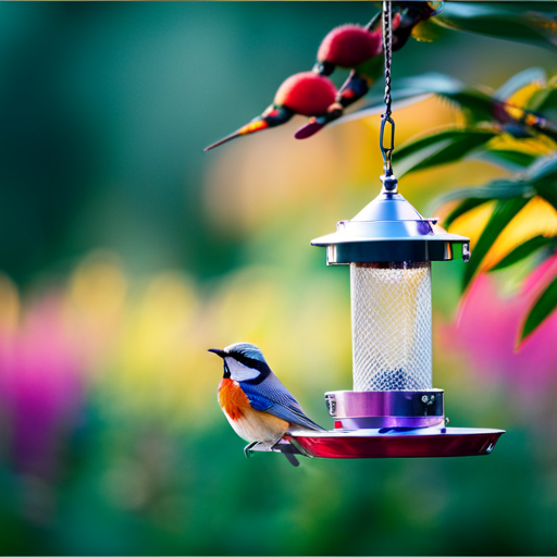 An image showcasing a vibrant garden scene with ten intricately painted bird feeders hanging from colorful tree branches, attracting a variety of birds