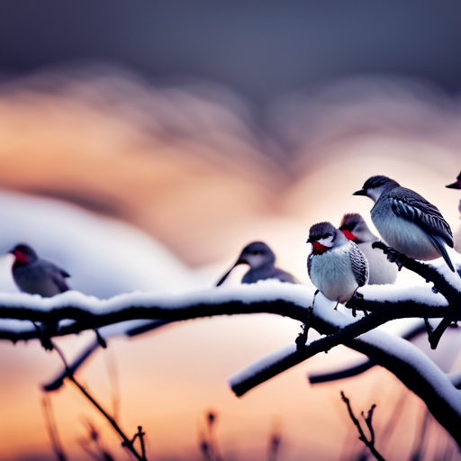An image that shows a flock of exhausted birds, feathers ruffled, perched on a snow-covered tree branch against a stormy sky, depicting the arduous challenges faced during migration