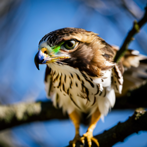An image capturing the intense gaze of a hawk bird perched on a tree branch, its sharp talons gripping a freshly caught prey, showcasing the intricate details of their feeding habits and predatory nature