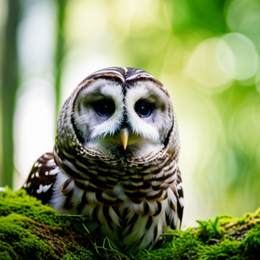 An image capturing the essence of the Barred Owl: Perched on a moss-covered branch in a dense forest, its large, soulful eyes glow with wisdom, while its intricate feathers blend seamlessly with the dappled sunlight filtering through the trees