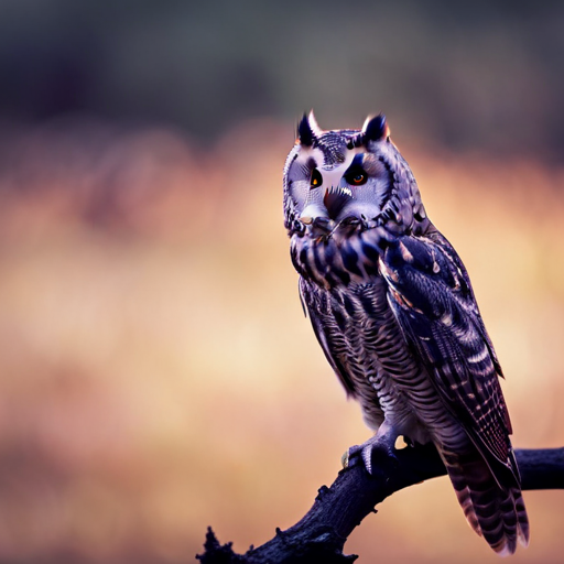 An image capturing the captivating beauty of a Long-eared Owl perched on a tree branch at dusk, its distinctive feather tufts blending with the surroundings, emanating an aura of mystery and grace