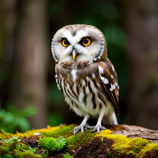 An image showcasing the enchanting Northern Saw-whet Owl, perched on a moss-covered branch in a moonlit forest