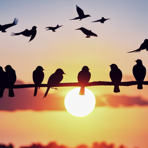 An image showcasing a colorful flock of birds perched on a sunlit branch, with some birds actively soaring through the sky, while others rest with feathers fluffed up, highlighting the connection between bird body temperature and their varying activity levels
