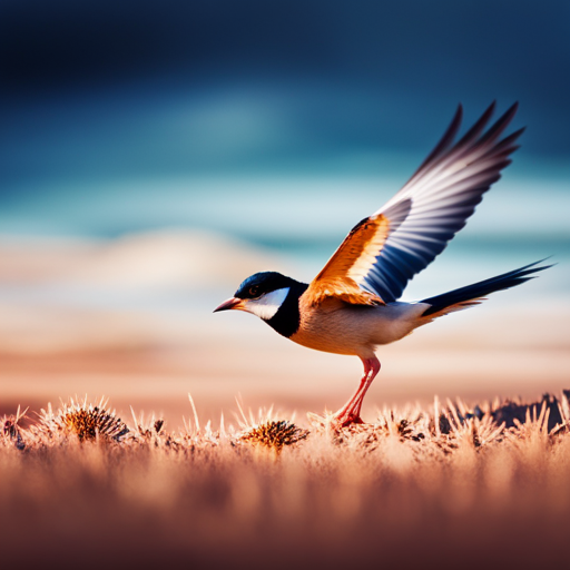 An image that vividly depicts a bird soaring effortlessly through the sky, showcasing its streamlined body, elegant wings, and agile feathers, while subtly contrasting it with a bird gracefully walking on the ground, emphasizing its sturdy legs and adapted beak