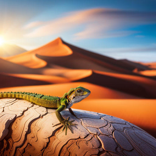 An image capturing the vibrant desert landscape of Arizona, with a solitary lizard basking on a sunlit rock