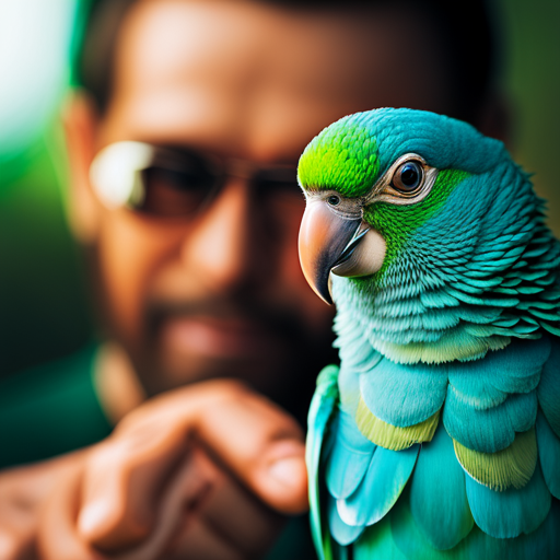 An image showcasing a caring hand gently examining a vibrant Baby-Blue-Quaker-Parrot, its feathers sleek and eyes bright, while a small scale nearby reflects the importance of monitoring their weight