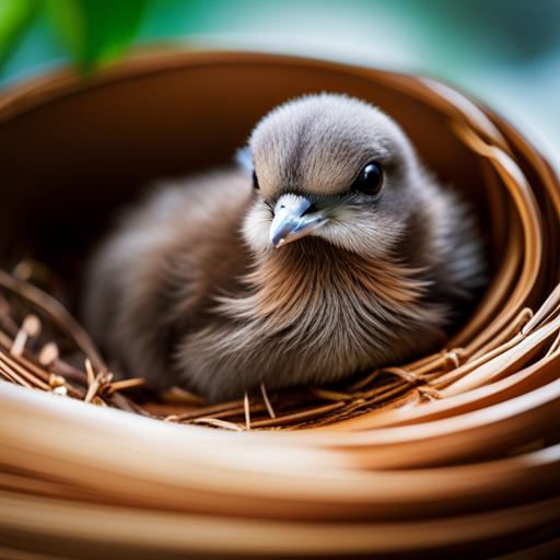 An image capturing the delicate beauty of a baby dove nestled in a cozy nest, showcasing its fluffy down feathers and tiny beak