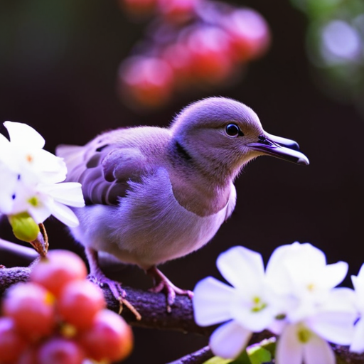 An image capturing the delicate moment of a baby dove perched on a branch, its beak eagerly biting into a plump berry while its parents watch attentively nearby, showcasing the diverse diet of these adorable fledglings