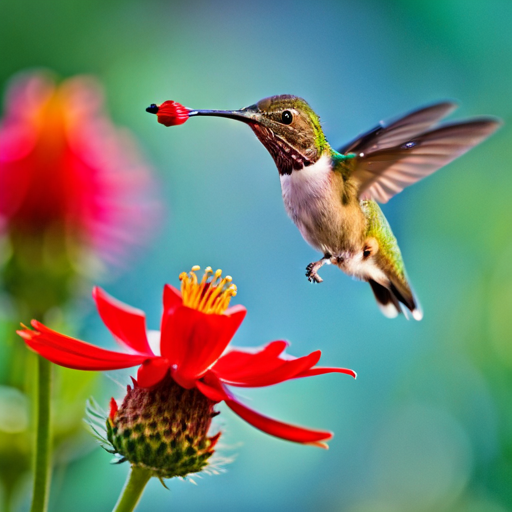 An image showcasing a delicate, shimmering baby hummingbird perched on a small, outstretched hand, while a caregiver gently feeds it nectar from a tiny, vibrant red flower