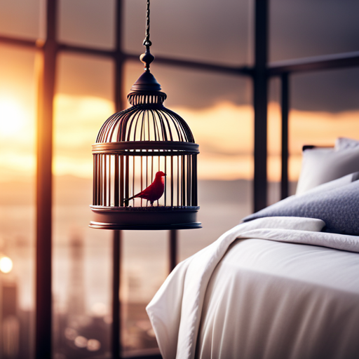 An image showcasing a spacious birdcage adorned with soft, comfortable bedding
