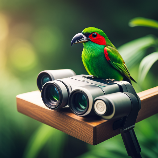 An image showcasing a pair of sleek, ergonomic binoculars with high-powered lenses, designed specifically for bird-watching enthusiasts