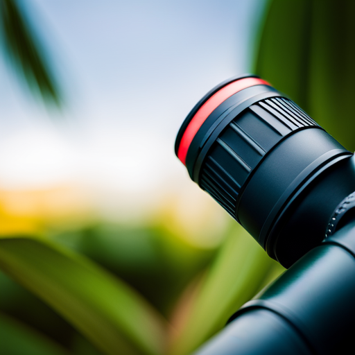 An image showcasing a pair of high-quality binoculars for bird watching with water droplets glistening on their waterproof and fogproof surface, capturing the essence of durability and optimal visibility in every weather condition